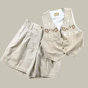 Vintage Catalog Short Set Women L Beige Embroidered Vest High Waist Pleated Boho